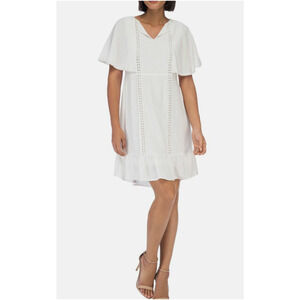 NWT Bobeau Mini Dress Womens L White Cotton Ruffled V-Neck Short-Sleeve Casual